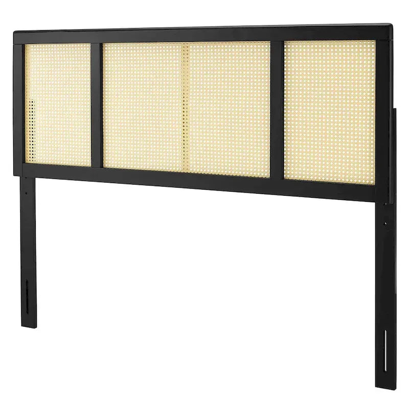 Queen Size Black Rubberwood Cane Panel Headboard Window Pane Height Adjustable