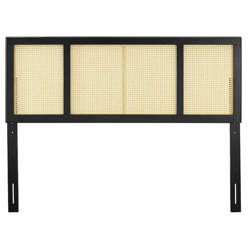 Queen Size Black Rubberwood Cane Panel Headboard Window Pane Height Adjustable