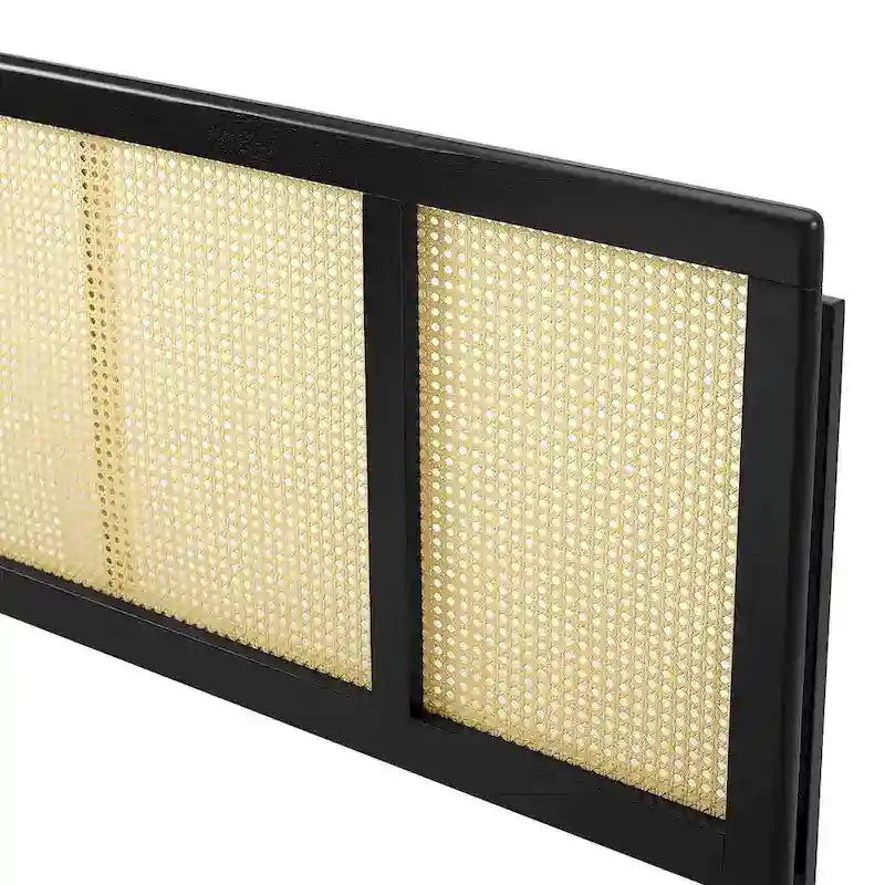 Queen Size Black Rubberwood Cane Panel Headboard Window Pane Height Adjustable