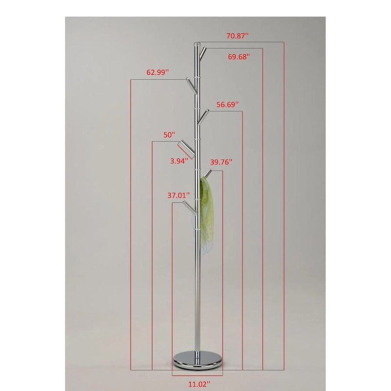 6-Hook Chrome Metal Tree Branch Standing Coat Rack Silver Heavy Round Base