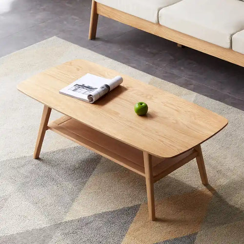 100% Solid Oak Coffee Table with Lower Shelf Rounded Corners Japanese Minimalist Natural
