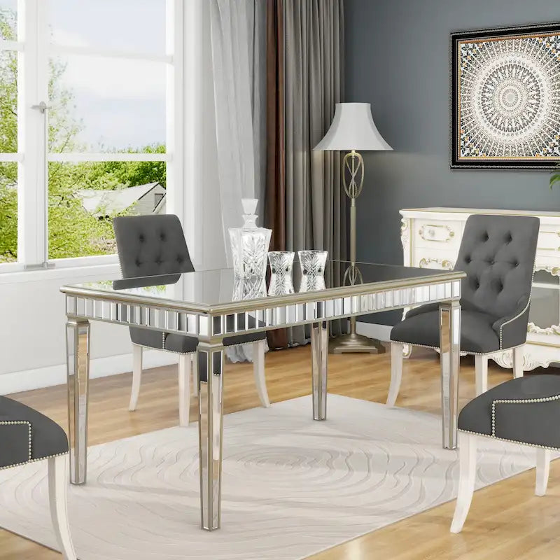 Mirrored Rectangular Dining Table with Gold Trim Silver Finish