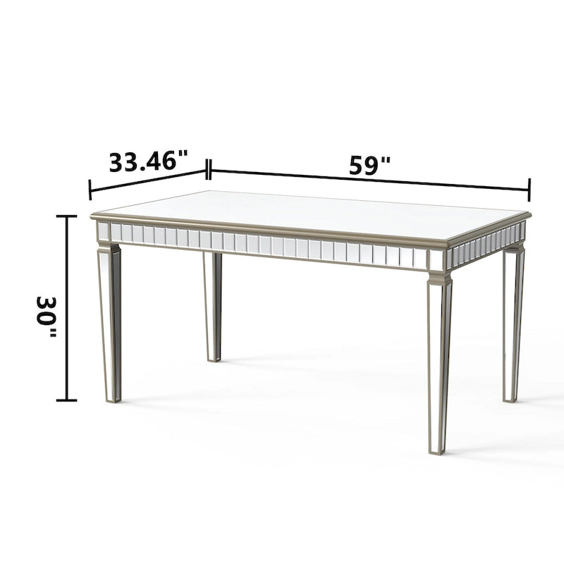 Mirrored Rectangular Dining Table with Gold Trim Silver Finish