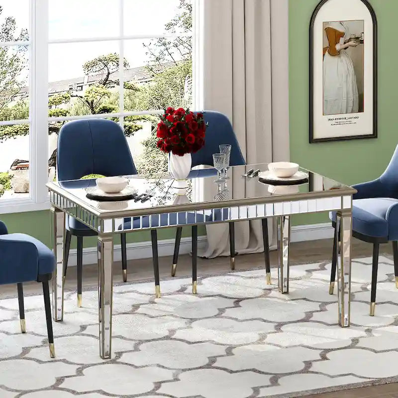 Mirrored Rectangular Dining Table with Gold Trim Silver Finish