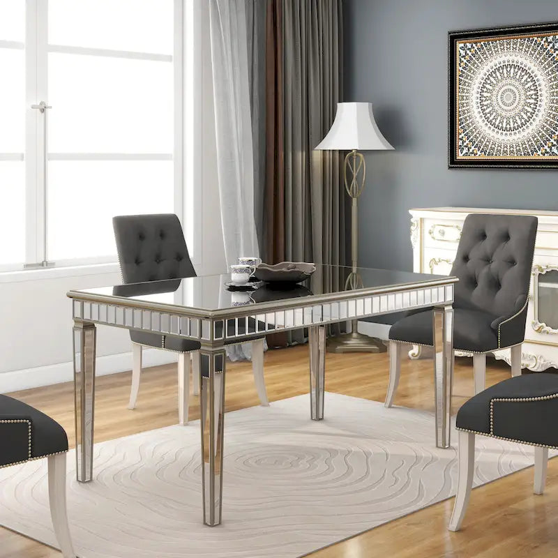 Mirrored Rectangular Dining Table with Gold Trim Silver Finish