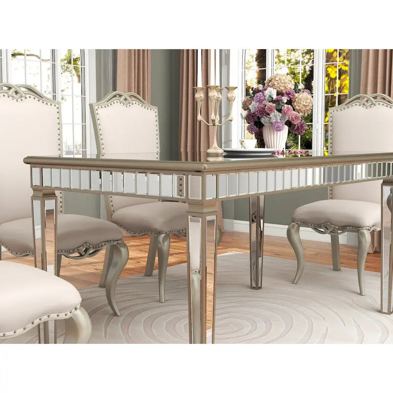 Mirrored Rectangular Dining Table with Gold Trim Silver Finish