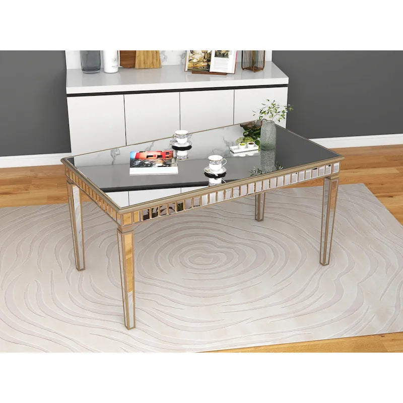 Mirrored Rectangular Dining Table with Gold Trim Silver Finish