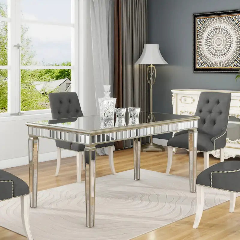 Mirrored Rectangular Dining Table with Gold Trim Silver Finish