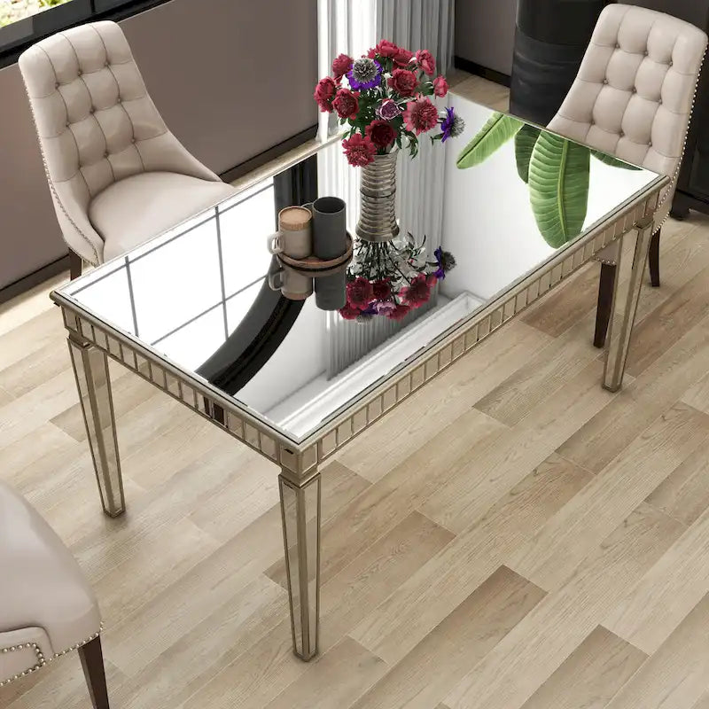 Mirrored Rectangular Dining Table with Gold Trim Silver Finish