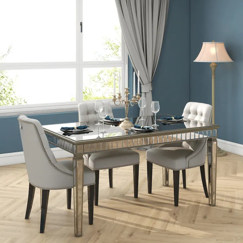Mirrored Rectangular Dining Table with Gold Trim Silver Finish