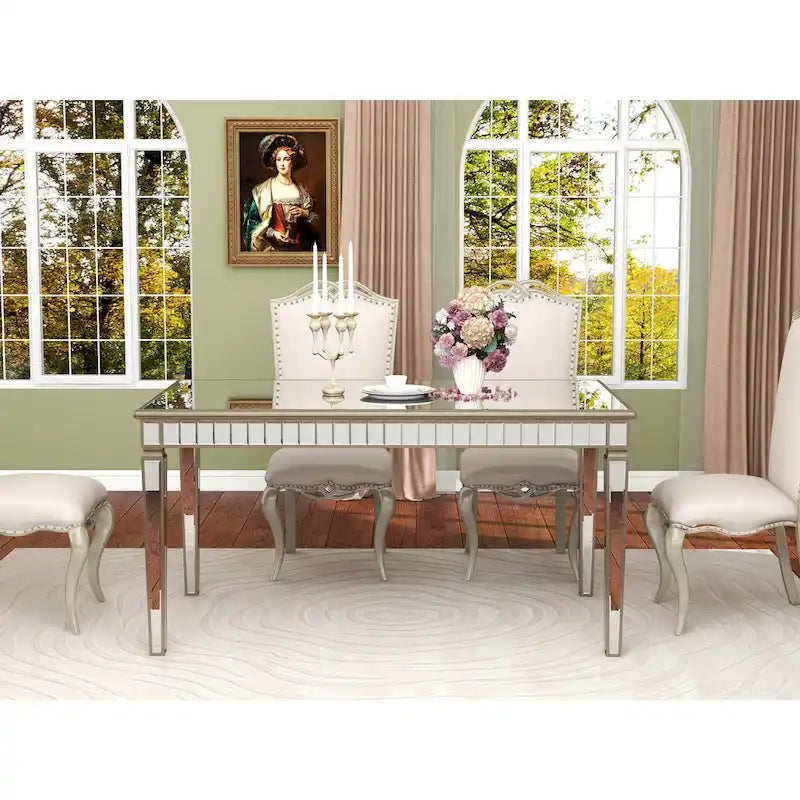 Mirrored Rectangular Dining Table with Gold Trim Silver Finish