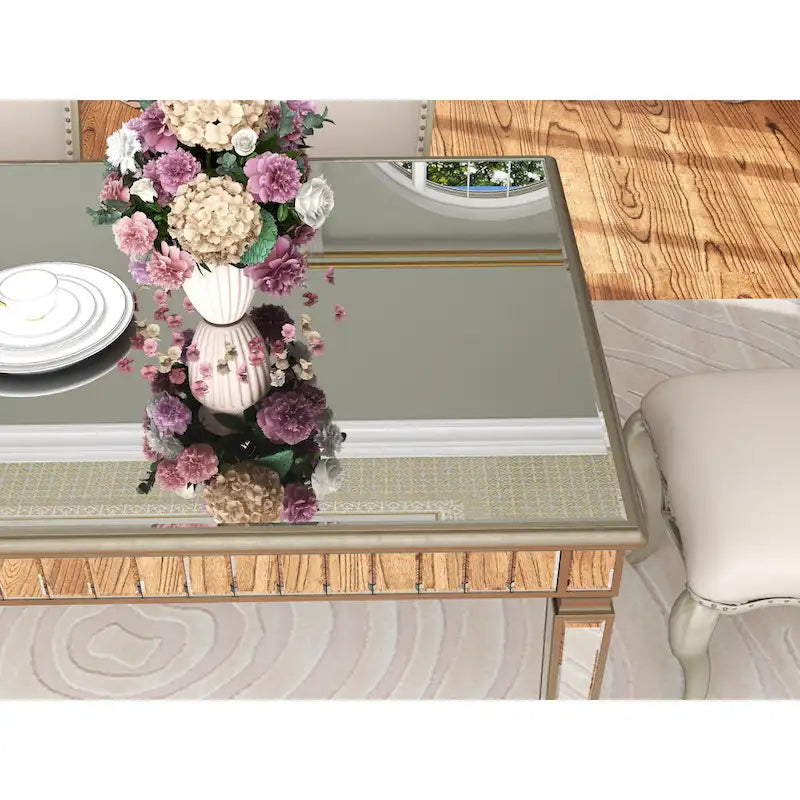 Mirrored Rectangular Dining Table with Gold Trim Silver Finish