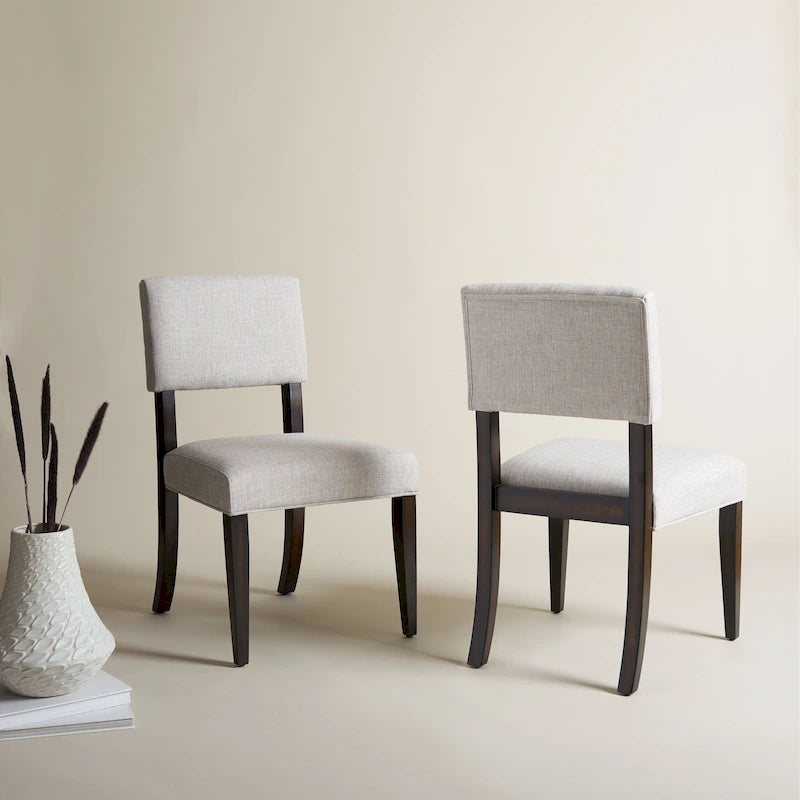 French Bistro Style Wood Dining Chair Linen Upholstered Dark Brown