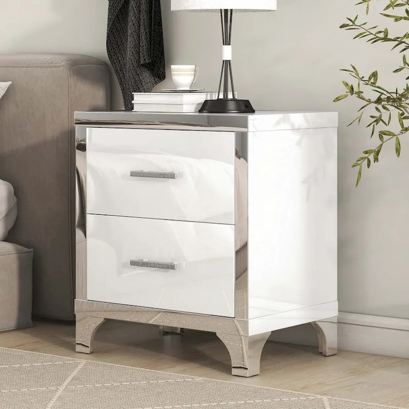 High Gloss 2-Drawer Nightstand with Metal Handles Mirrored Sides Black White