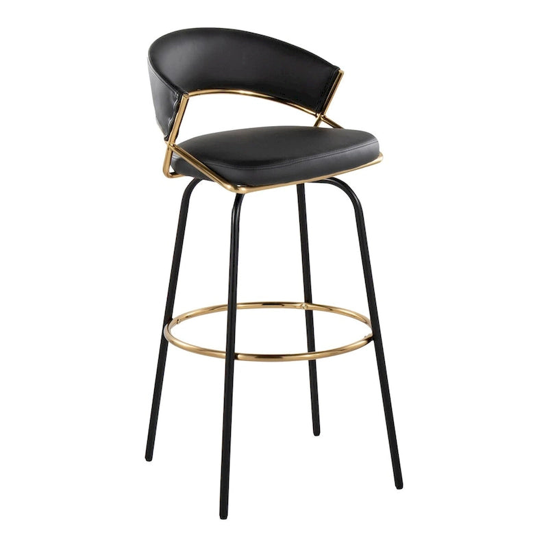 Set of 2 Faux Leather Swivel Bar Stools 30-Inch Fixed Height Gold Metal Black White