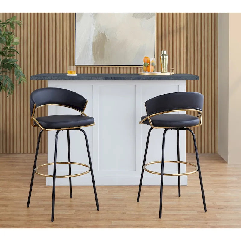 Set of 2 Faux Leather Swivel Bar Stools 30-Inch Fixed Height Gold Metal Black White