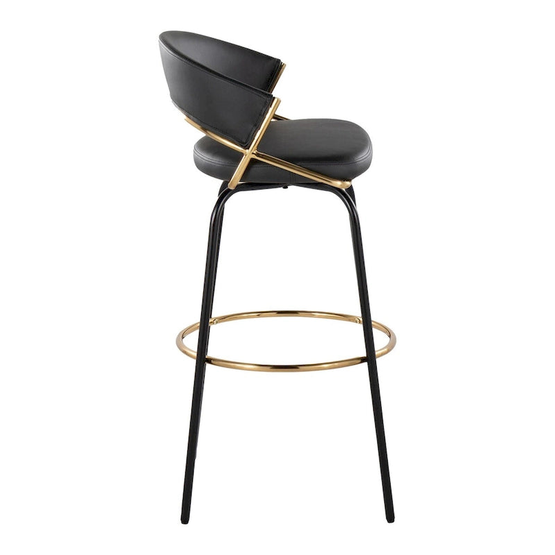 Set of 2 Faux Leather Swivel Bar Stools 30-Inch Fixed Height Gold Metal Black White