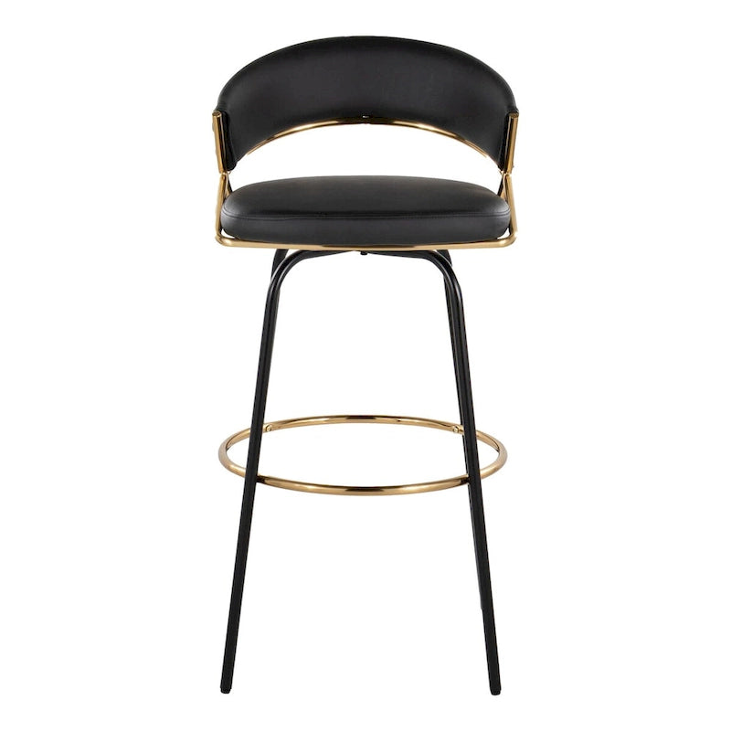 Set of 2 Faux Leather Swivel Bar Stools 30-Inch Fixed Height Gold Metal Black White
