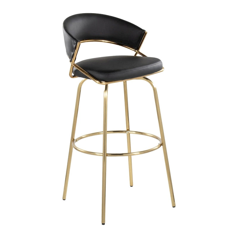 Set of 2 Faux Leather Swivel Bar Stools 30-Inch Fixed Height Gold Metal Black White