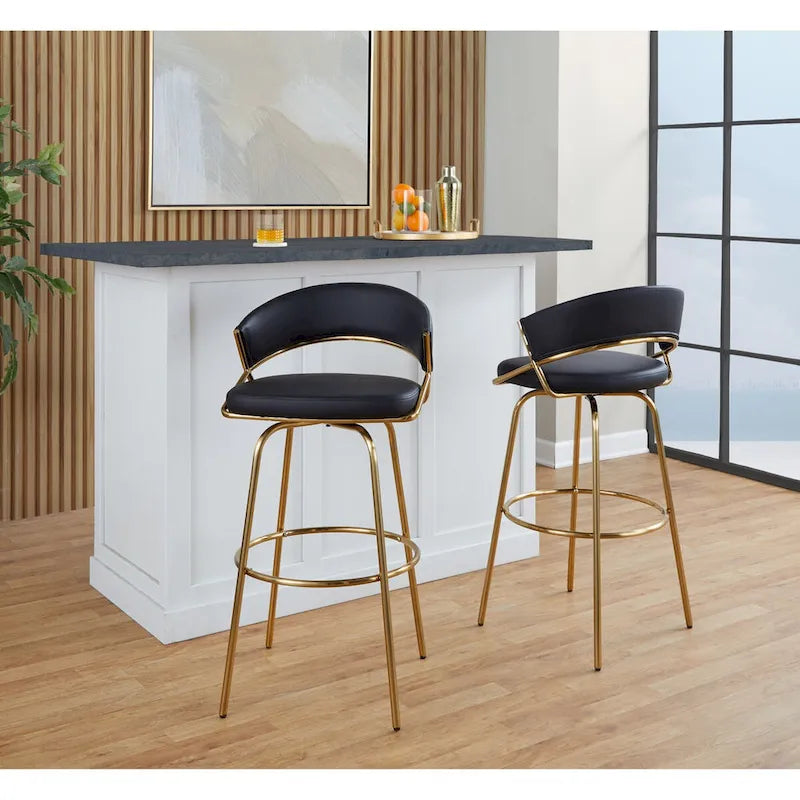 Set of 2 Faux Leather Swivel Bar Stools 30-Inch Fixed Height Gold Metal Black White