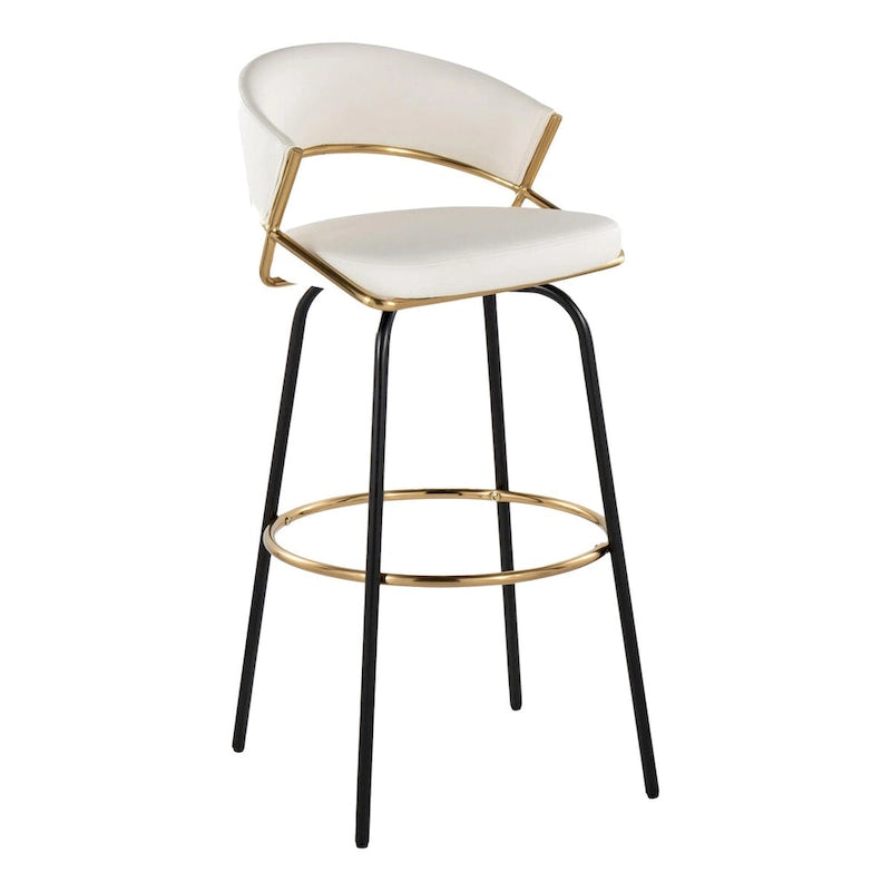 Set of 2 Faux Leather Swivel Bar Stools 30-Inch Fixed Height Gold Metal Black White