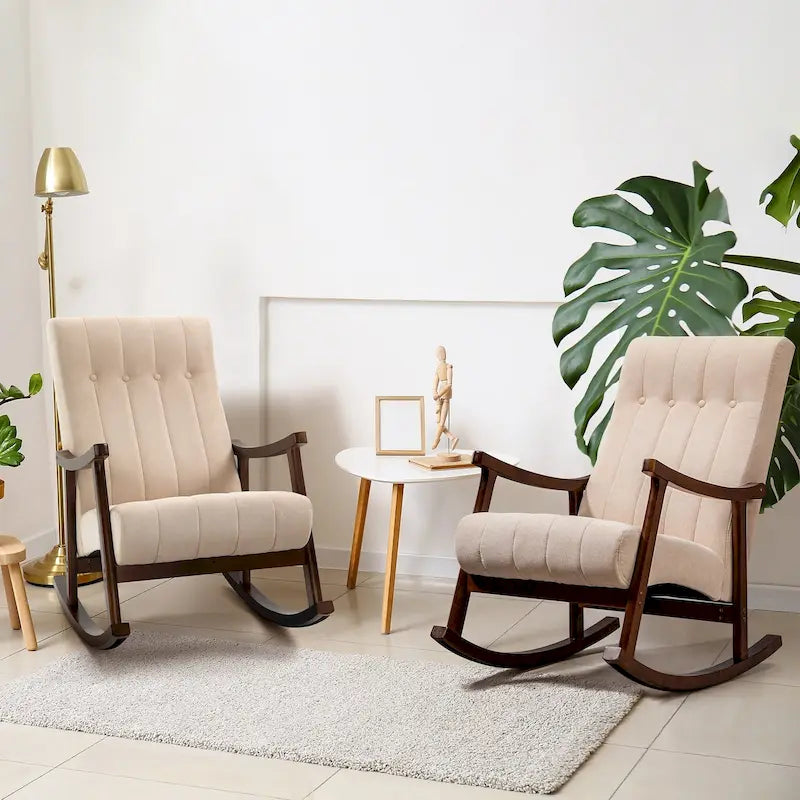 Set of 2 High Back Upholstered Rocking Chairs Rubber Wood Beige Blue Grey Black