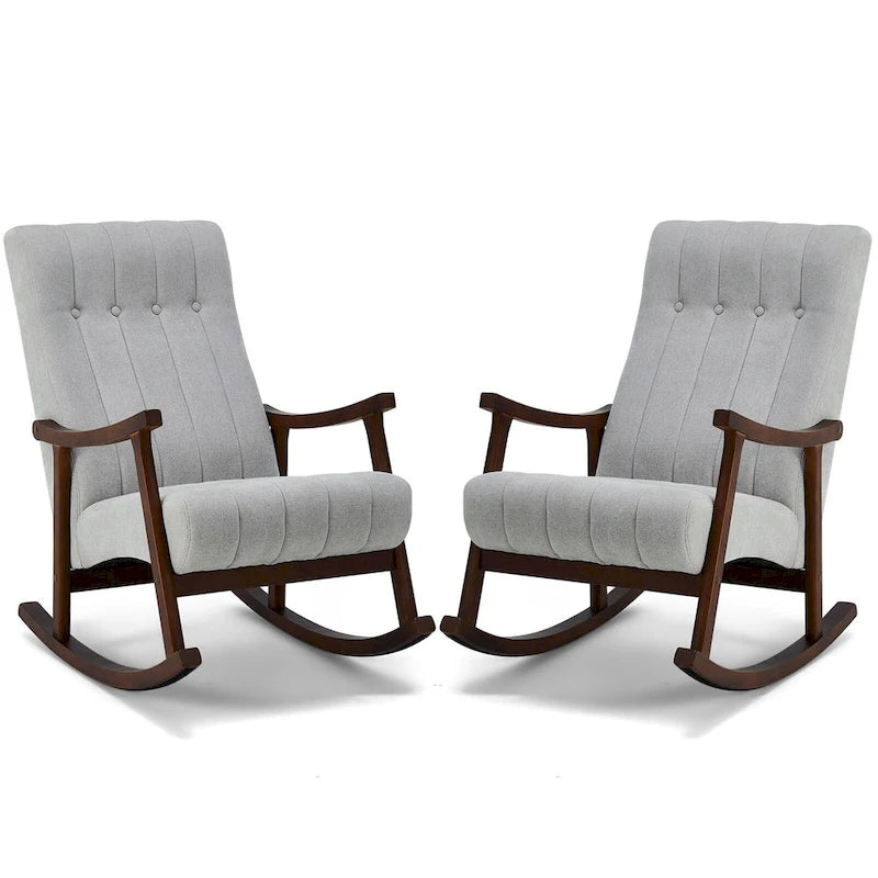 Set of 2 High Back Upholstered Rocking Chairs Rubber Wood Beige Blue Grey Black