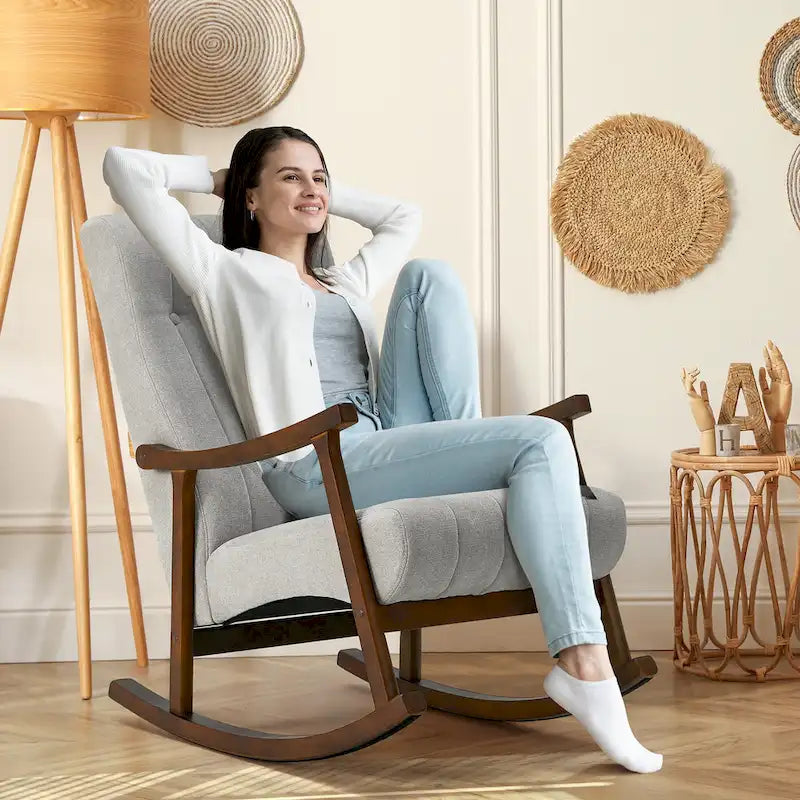 Set of 2 High Back Upholstered Rocking Chairs Rubber Wood Beige Blue Grey Black