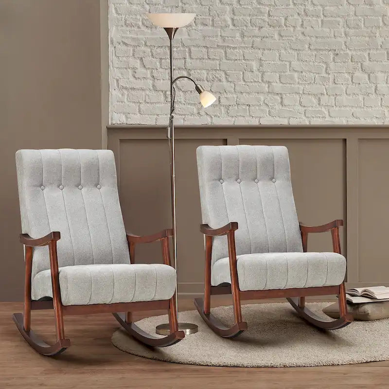 Set of 2 High Back Upholstered Rocking Chairs Rubber Wood Beige Blue Grey Black