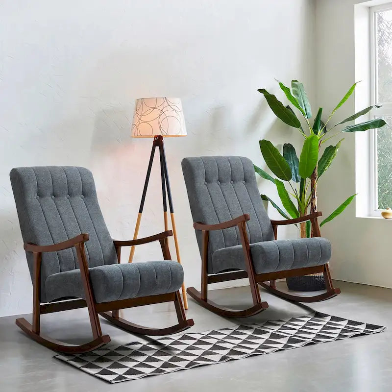 Set of 2 High Back Upholstered Rocking Chairs Rubber Wood Beige Blue Grey Black