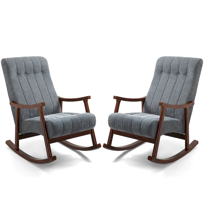 Set of 2 High Back Upholstered Rocking Chairs Rubber Wood Beige Blue Grey Black