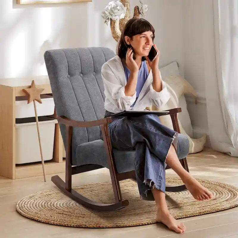Set of 2 High Back Upholstered Rocking Chairs Rubber Wood Beige Blue Grey Black