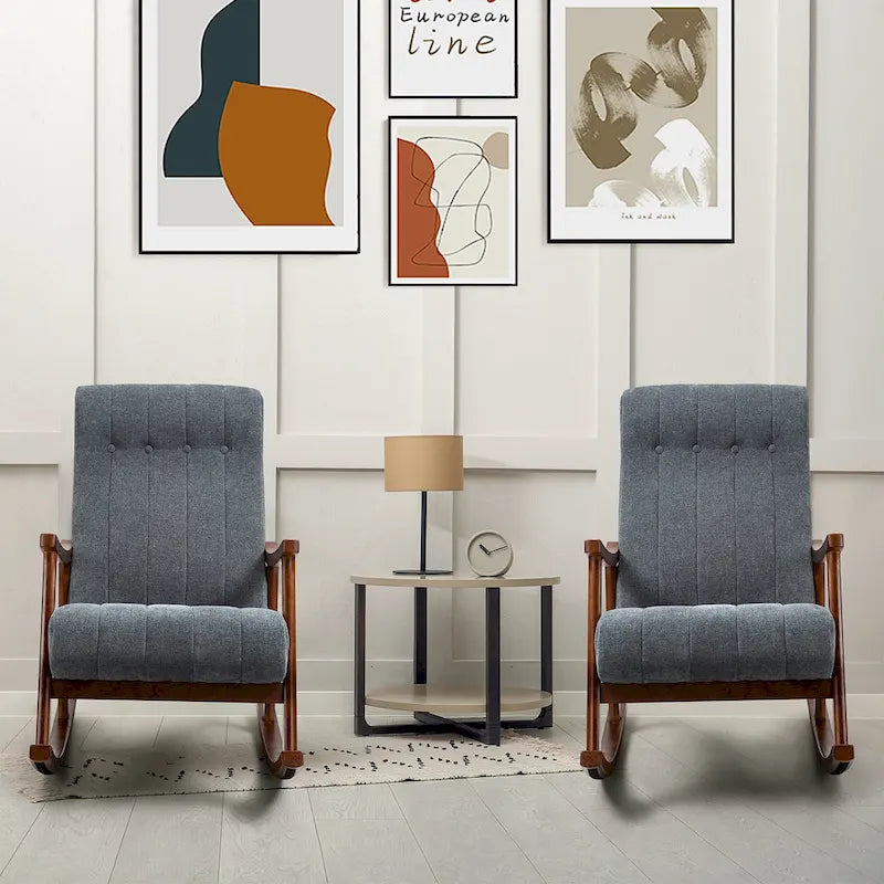 Set of 2 High Back Upholstered Rocking Chairs Rubber Wood Beige Blue Grey Black
