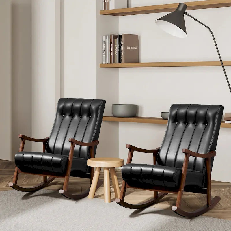 Set of 2 High Back Upholstered Rocking Chairs Rubber Wood Beige Blue Grey Black