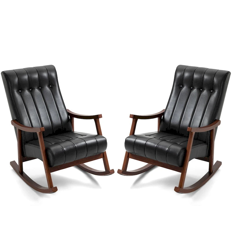 Set of 2 High Back Upholstered Rocking Chairs Rubber Wood Beige Blue Grey Black