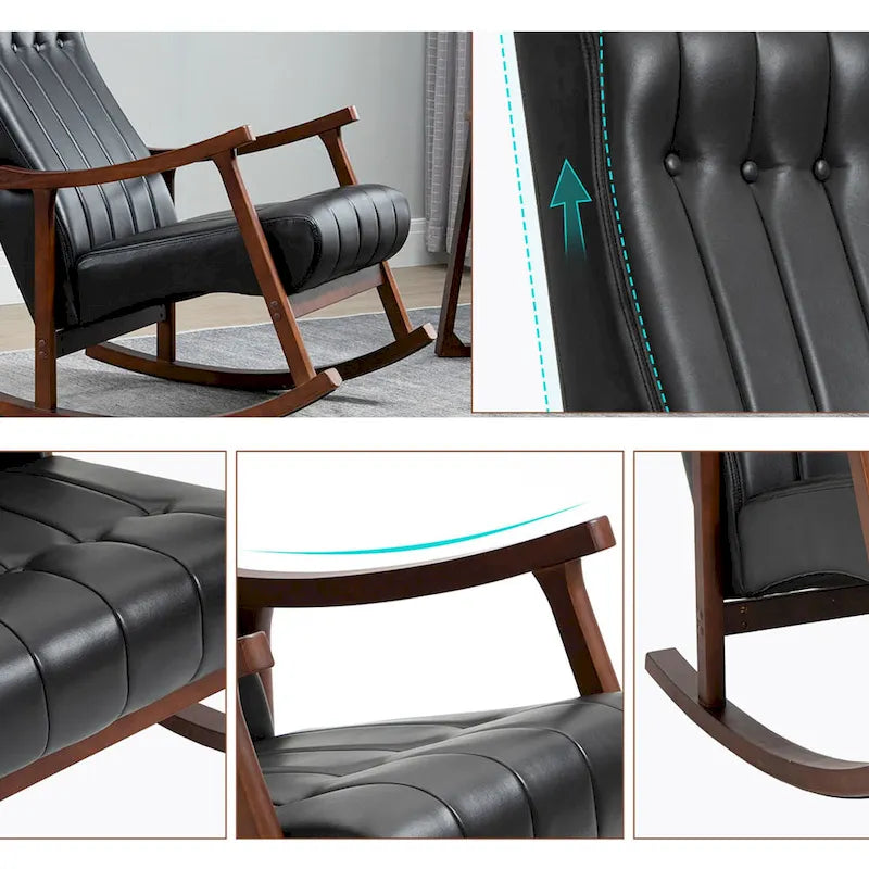 Set of 2 High Back Upholstered Rocking Chairs Rubber Wood Beige Blue Grey Black