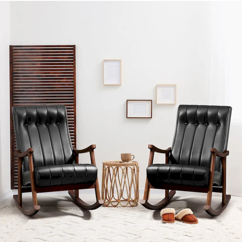 Set of 2 High Back Upholstered Rocking Chairs Rubber Wood Beige Blue Grey Black