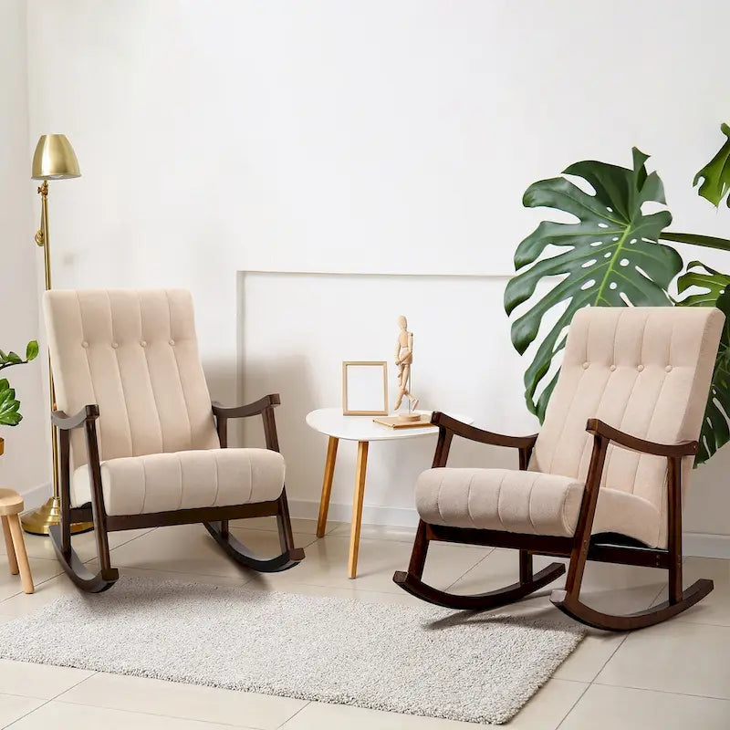 Set of 2 High Back Upholstered Rocking Chairs Rubber Wood Beige Blue Grey Black