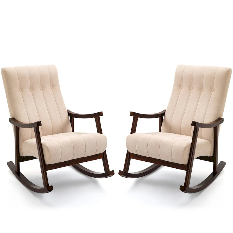 Set of 2 High Back Upholstered Rocking Chairs Rubber Wood Beige Blue Grey Black