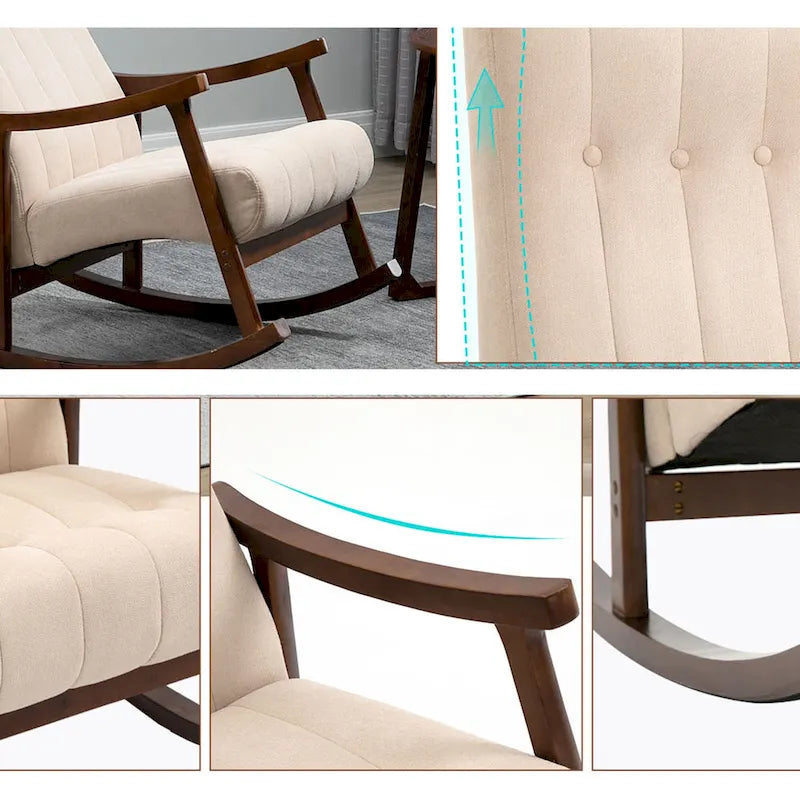 Set of 2 High Back Upholstered Rocking Chairs Rubber Wood Beige Blue Grey Black