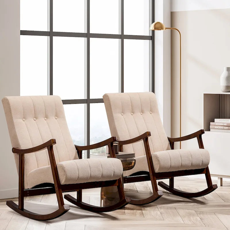 Set of 2 High Back Upholstered Rocking Chairs Rubber Wood Beige Blue Grey Black