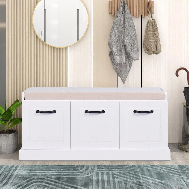 White Wood Storage Bench with Cushion Three-Door Cabinet Black Handles