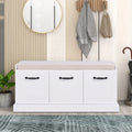 White Wood Storage Bench with Cushion Three-Door Cabinet Black Handles