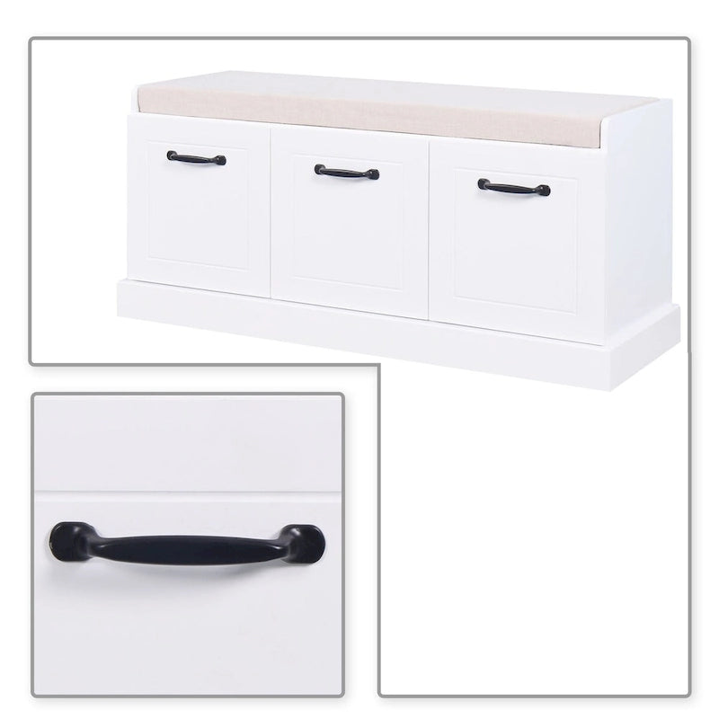 White Wood Storage Bench with Cushion Three-Door Cabinet Black Handles