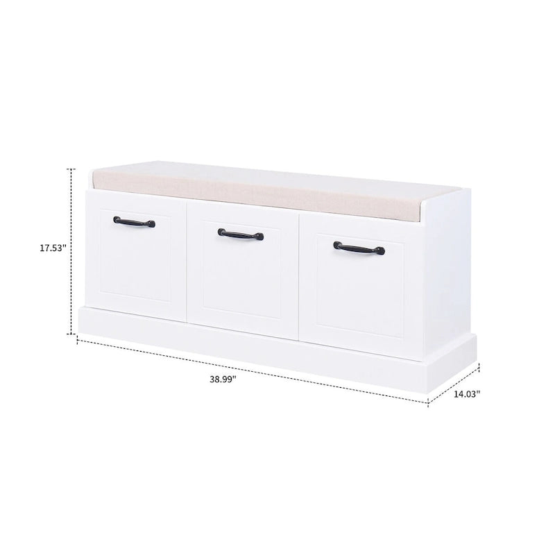 White Wood Storage Bench with Cushion Three-Door Cabinet Black Handles