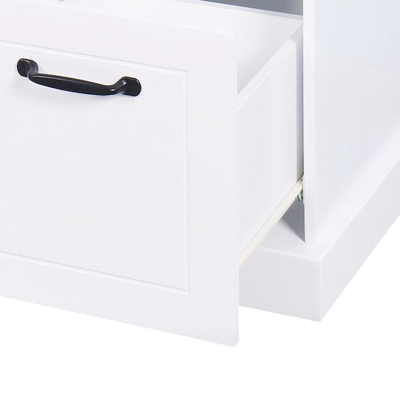 White Wood Storage Bench with Cushion Three-Door Cabinet Black Handles