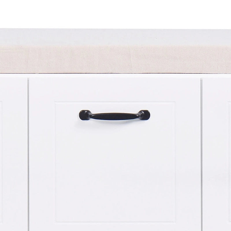 White Wood Storage Bench with Cushion Three-Door Cabinet Black Handles