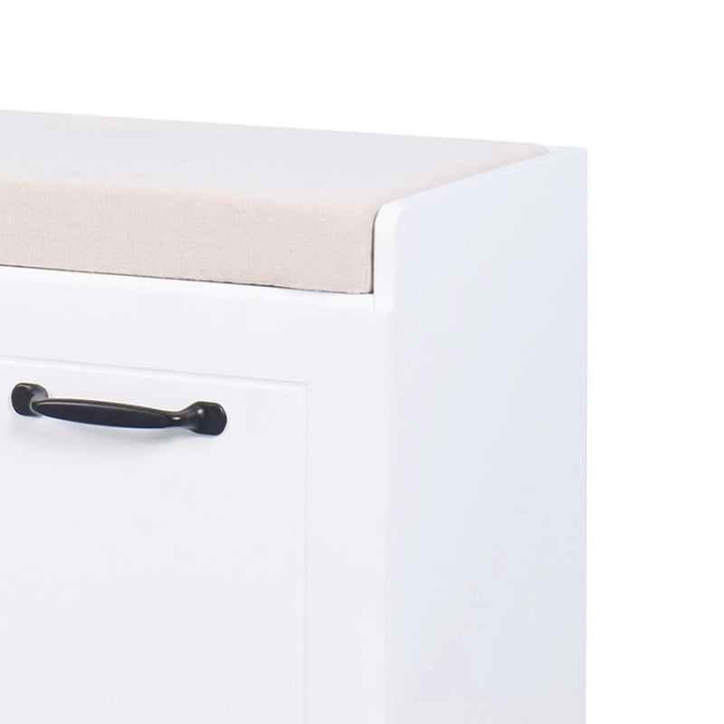White Wood Storage Bench with Cushion Three-Door Cabinet Black Handles