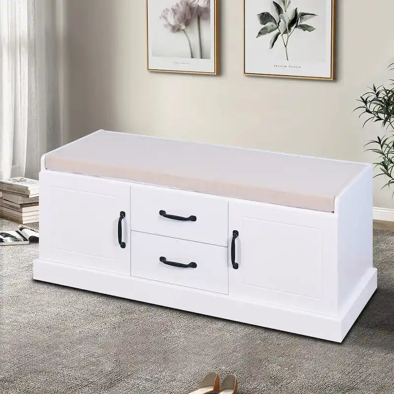 White Wood Storage Bench with Cushion Three-Door Cabinet Black Handles