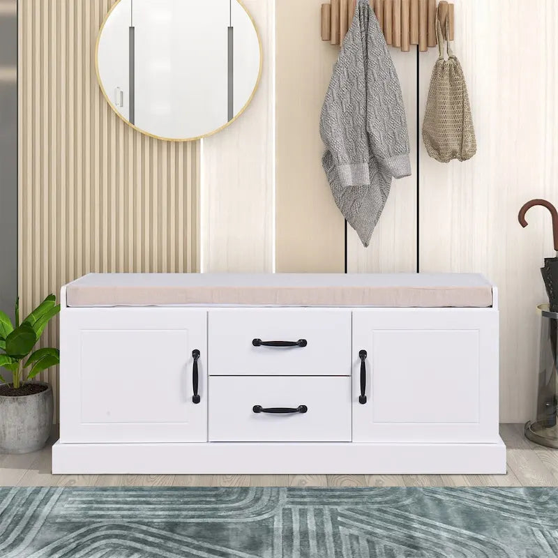 White Wood Storage Bench with Cushion Three-Door Cabinet Black Handles